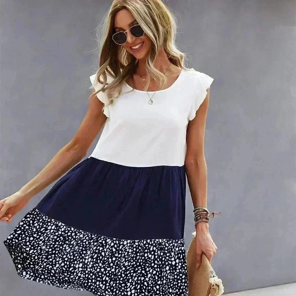 Blue & White Casual Womens Cut And Sew Babydoll Dress - Picture 2 of 5